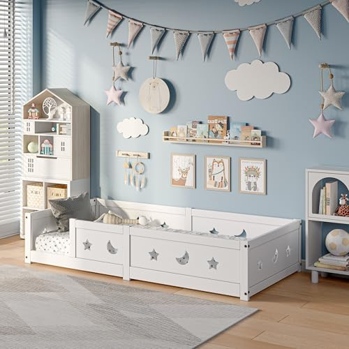 USROCAS Bodenbett 140x200cm, Montessori Kinderbett mit Rausfallschutz lattenrost, Massives Kinder Bett für Jungen & Mädchen, aus Kiefer Massivholz, Weiß