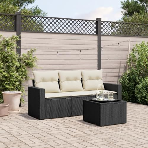 YuuSsea 4-TLG. Garten-Sofagarnitur mit Kissen Schwarz, Poly Rattan, modulare Outdoor-Sitzgruppe, Terrassenmöbel Set mit Glastisch für Balkon, wetterfest