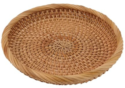 Adfaga Natürliches Rattan-Serviertablett, handgewebt, rund, eleganter traditioneller Rattan-Obstkorb für Küchentheke, Wohnzimmer-Dekoration, Heimdekoration (S)