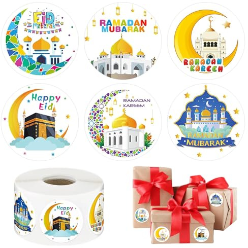 Ramadan Etiketten Aufkleber, 500 Stück Eid Sticker Round, Mubarak Sticker Rolle, Ramadan Aufkleber Deko, Eid Mubarak Etiketten, Self-Adhesive, für Briefumschläge und Geschenkboxen(A)