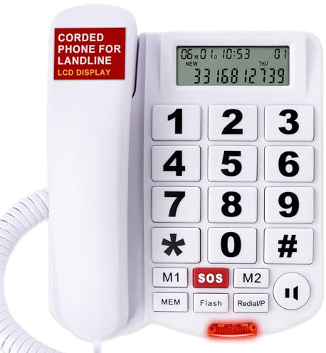 Uvital - Telefono fisso con cavo per anziani, con ID chiamante, 2 pulsanti one-touch e pulsante di emergenza SOS, vivavoce, suoneria forte, telefoni fissi senior per casa/ufficio/hotel