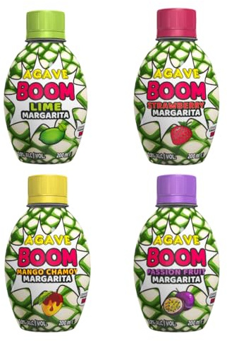 Agave Boom Set 13,9% vol. – 4 x 200 ml Cocktails – Lime, Strawberry, Mango Chamoy, Passion Fruit – Margarita Mix – Fertige Cocktails – Geschenkset von Plug'N'Pour inkl. Sticker – [Enthält Sulfite]