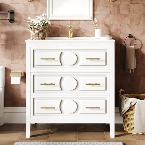 SACOOL Mueble bajo baño blanco, 81 x 46,5 cm, con lavabo de cerámica, 3 cajones, retro, función de cierre suave, independiente, tiradores de metal
