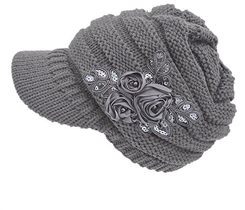 FSSTUD Damen Winter Warme Gestrickte Strickmütze Strick Beanie Mütze mit Schild Cap Grau