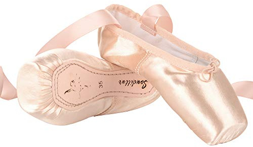 Soudittur Zapatillas de Ballet de Punta Pointe Zapatos Satén con Puntera de Gel de Silicona y Cintas para Niñas Rosa (por Favor Seleccione una Talla más Grande)