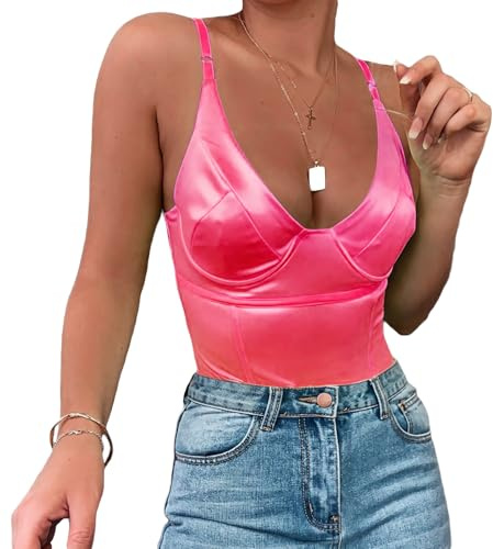 Velius Women's Sexy Deep V Neck Shiny Thong Bodysuit Tank Tops with Underwire