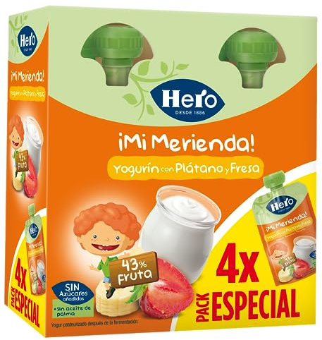 Hero Baby Mi Merienda Bolsitas de Yogurín con Plátano y Fresa - Para Bebés a Partir de los 12 Meses -Pack 4 x 100 g