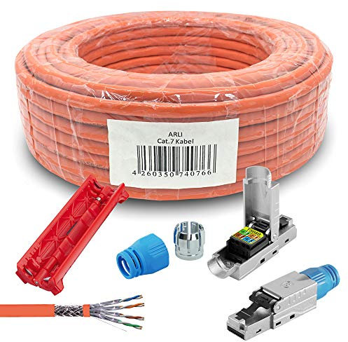 ARLI 25m Cat7 Verlegekabel + 2x RJ45 Netzwerkstecker Cat8.1 + Abisoliermesser Installationskabel Datenkabel S/FTP geschirmt LSZH halogenfrei Werkzeuglose Montage Ethernet Netzwerkkabel