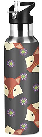 Vnurnrn Dessin Animé Mignon Bébé Renard Animal Bouteille d'eau Isotherme avec Paille en Acier Inoxydable Gourde 600ML, Sans Bpa Gourdes Eau pour Enfant Sport Randonnée École Bureau