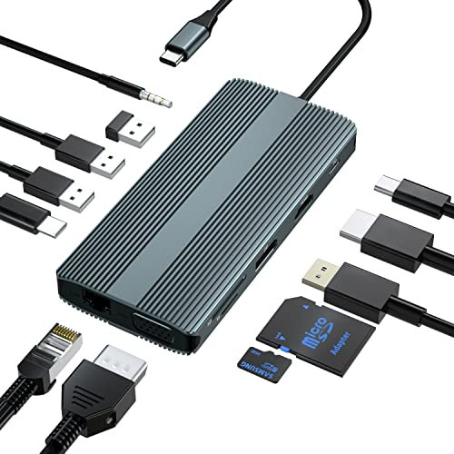USB C Docking Station,12 in 1 Triple Display Type C Laptop Hub to 4K DP HDMI,1080P VGA, 100W PD,2 USB3.0+USB C 3.0+USB2.0,1000M Ethernet,SD/TF Card,3.5mm Audio for MacBook/Dell/Huawei/Samsung