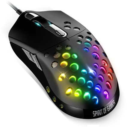 Spirit Of Gamer - ELITE M80 - Souris Gaming RGB ultra-légère - Câble flexible - Capteur optique 4200 DPI - 6 boutons programmables - Coque perforée en nid d'abeille noir - Poids : 68 g