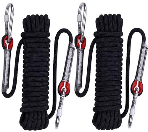 YAYODS 2PCS Multi-use Climbing Ropes, 10M x 10MM Safety Rappelling Abseiling Climbing Rope with Carabiners, Outdoor Climbing Rope for Magnetic Fishing, Hiking, Hammock, Caving and Rescue