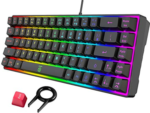 Snpurdiri 60% teclado para juegos, mini teclado retroiluminado arco iris, placa de acero integrada, teclado de membrana pero sensación súper mecánica para jugadores de PC con Windows (68 teclas, arco