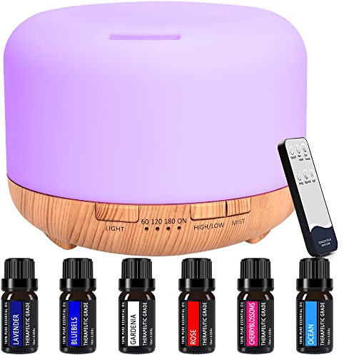 Diffusor für ätherische Öle, 450 ml Aroma-Diffusor mit 6 x 10 ml reines ätherisches Öl, Luftbefeuchter für Aromatherapie Diffusoren mit einstellbarem Nebel und 7 Farben LED