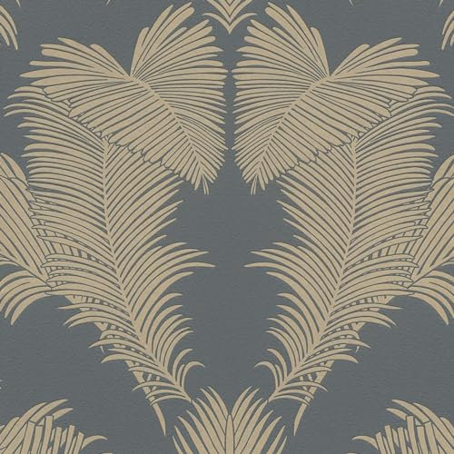 Profhome Carta da parati con motivo palme 379593-GU carta da parati intissata (TNT) oro grigio 0,53 m x 10,05 m / 5,33 m2