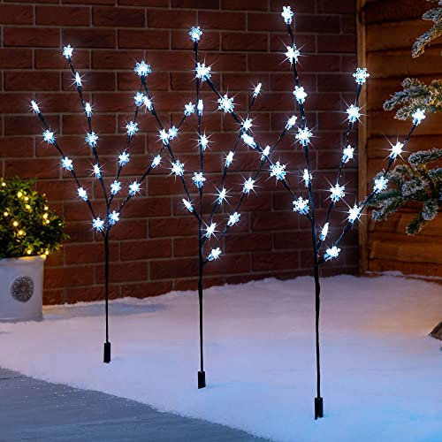 Christow Snowflake Path Lights Christmas Branch Stake Pathway Lighting Battery Operated, Set of 3 x 84cm (60 White LEDs)