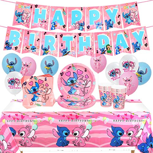 Ensemble Vaisselle Fête Kit,52Pcs Fournitures Fête Décoration Ballon en Latex Filles,Thème Party Supplies Set,Bannières, Serviettes, Assiettes/Gobelets en Papier, Nappes(Rosa)