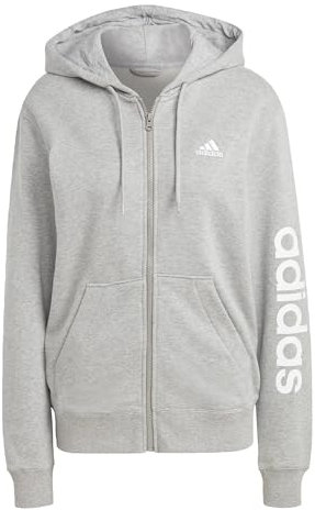 adidas Donna Essentials Linear Full-Zip French Terry Hoodie, Medium Grey Heather/White, S