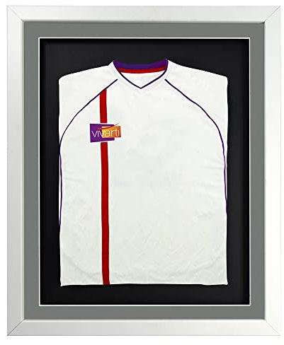 Vivarti DIY 3D-Rahmen für Sport-Shirts für Fußballtrikot, Rugby-Shirt, Band, T-Shirt, Schattenbox, weißer Rahmen, silberfarbenes Passepartout, schwarze Rückwand