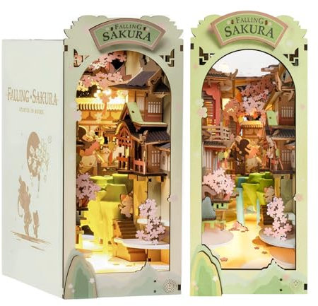 Rolife Book Nook Kit Falling Sakura Maison Miniature à Construire DIY Maquette Adulte avec LED Lumières Décoration de Bibliothèque Livre Salon Booknook Puzzle 3D Bois Serre-Livres Diorama (TGB05)