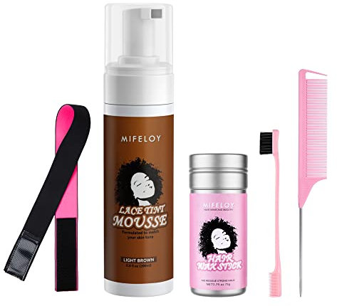 Lot de 5 outils pour perruque, mousse pour cheveux en dentelle, teinte, mousse pour cheveux fondus 140 g, colle en spray marron moyen moka, crème coiffante de 2,7 oz, bâton de cire en gel, bande