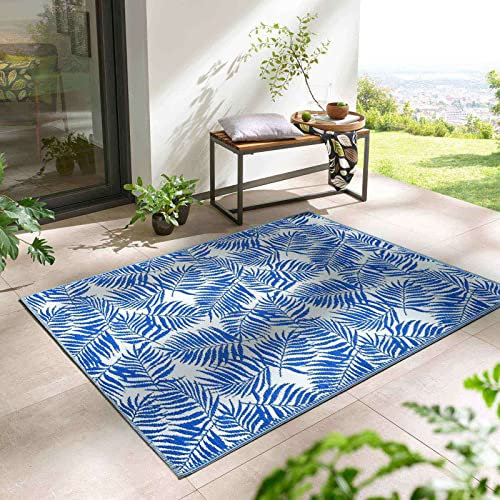 Outdoor Kurzflor Teppich Santa Monica wetterfest, wasserfest, rechteckig, Höhe: 3 mm, Balkon Garten Terrasse Camping Wintergarten blau-weiß Palme 160x230 cm