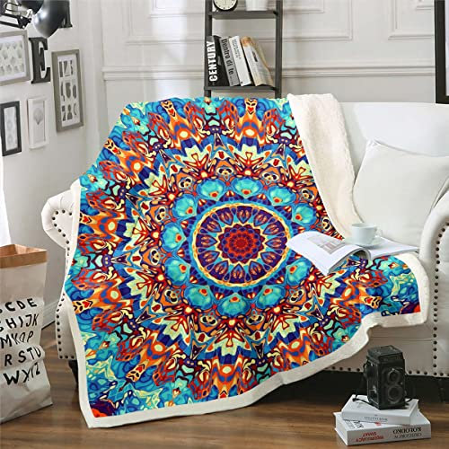Abstrakte Mandala Sherpa Decke Oriental Persische Decke, Boho Ästhetische Kunstwerk Wurf Decke für Stuhl 130x150cm Retro Hippie Vlies Decke, Vintage Floral Plüsch Decke, Rot Teal Navy Blau