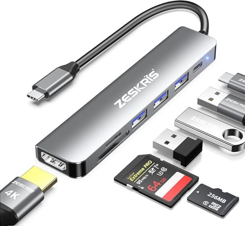 ZESKRIS USB C Hub, 7-in-1 USB C auf HDMI Adapter mit 4K HDMI, 100W PD, 1 x USB 3.0, 2 x USB 2.0 und SD/TF Kartenleser, Multiport Splitter kompatibel mit MacBook Air/Pro M1/M2, Surface Go und mehr