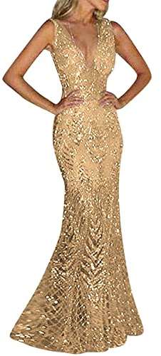 VEMOW Damen Abendkleid Gold Paillettenkleid Sexy V-Ausschnitt Spaghettikleid Lang Ballkleid Glitzer Kleid Damen Elegant Cocktail Abendkleider (X2-Gold, M)
