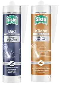 Sista Bad Profi-Qualität Sanitär Silikon, wasserfest, Manhattan (1x280ml) & Sista Küche Profi-Qualität Silikon, scheuerfeste Fugenmasse, wasserfest, Transparent (1x280ml)