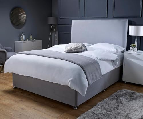 Savako Premium - Grey Plush Divan Bed with Memory Foam Mattress and Headboard with Chrome Feet - (4ft Small Double - 120cm x 190cm)