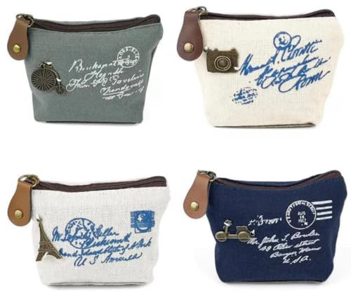 Parallelower 4 Stück Geldbeutel Klein Canvas Mini Geldbörse Damen Damen Mini Geldbörse aus Canvas Kleine Münzgeldbeutel mit Reißverschluss für Münzen für Münzen Kreditkarte und Schlüssel