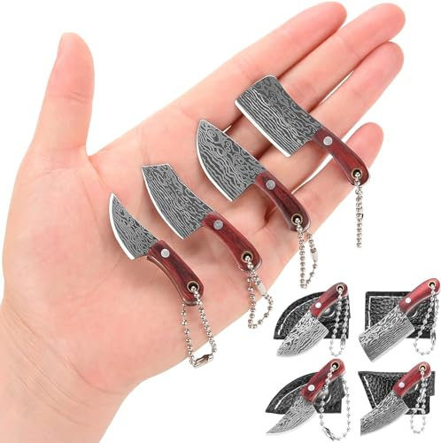 Xnourney Set de Mini Couteaux Chef - Porte-clé, Couteau de Poche Damas, EDC, Ouvre-bouteille, Coupeur de Boîte - 4 Pièces