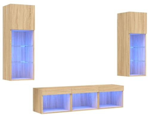 vidaXL Wohnwand 5-TLG., Schrankwand mit viel Stauraum, Anbauwand mit LED-Beleuchtung, Wandmontage Fernsehschrank Wohnzimmer Set, Sonoma-Eiche Holzwerkstoff