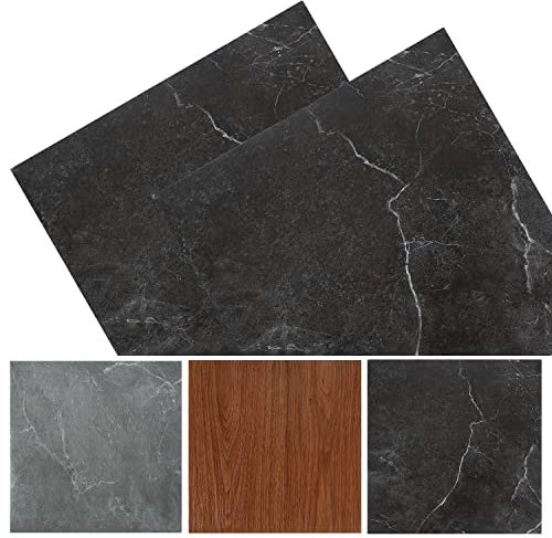 Fiqops 30x30cm ca. 5 m² 55 Fliesen PVC Bodenbelag Selbstklebend Vinylboden Rutschfest Wasserfest Bodenfliesen Laminat Dielen Vinyl-Fliesen für Fußbodenheizung Schwarz Marmo