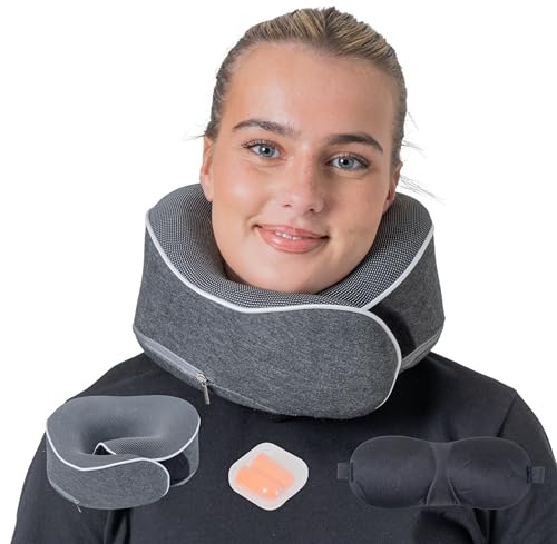 Relaxd Travel Pillow for Adults | Adjustable Memory Foam Neck Pillow for Travel | 360 Degree Neck Support | Removable Pillow Case | Includes Eye Mask, Earplugs, Travel Bag | Dark Grey | UK Brand
