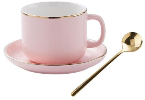 SuperglockT Kaffeetassen Set 280ml Espressotasse mit Untertasse und Löffel Goldrand Keramiktasse Teetasse Nachmittagstasse Geschenk für Frauen Mama Freundin Kollegin (Rosa)
