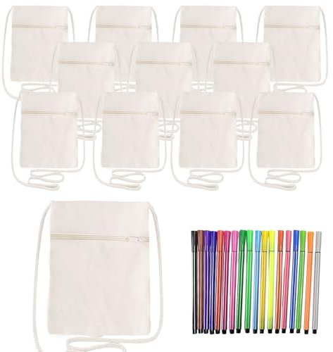 WIYETY 12 Stück Stoffbeutel zum Bemalen DIY Kleine Schultertaschen Beutel zum Bemalen mit 18 Buntstift, 17 * 13cm Kinder Umhängegeldbeutel Stoffbeutel zum Bemalen für Schule Feier Geschenk, Beige