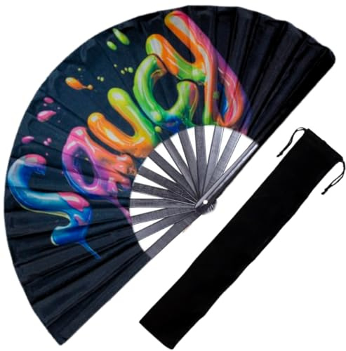 Decorative Rave Hand Fan – Large Folding Fans for Festivals, Drag Queen & Burlesque – Cute Holographic Rave Accessories for Women and Men (Saucy)