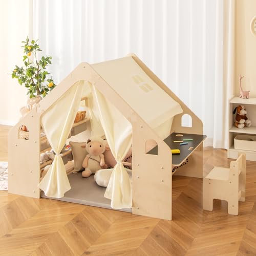 RELAX4LIFE 6 in 1 Tenda per Bambini con Casetta in Legno, Tavolino, Seida, Lavagna, Gessi, 6 Scatole Portaghiochi, Tapettino Rimovibile, Per Cameretta,Asilo