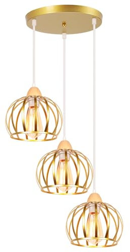 iDEGU 3-flammig Pendelleuchte Vintage Industrial Hängelampe aus Holz und Eisen Käfig Design 20cm Lampenschirm E27 Hängeleuchte für Wohnzimmer Schlafzimmer Esstisch Küche Flur (Rondell, Gold)