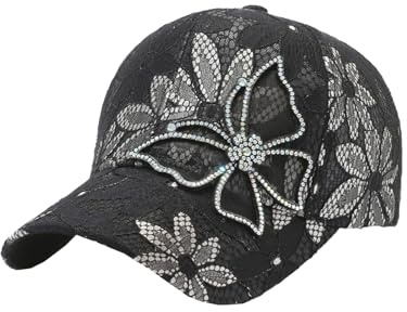 Damen-Baseballkappe mit Strasssteinen, Pailletten, Sonnenblende, Sommer, Netzstoff, Diamanten, Schmetterling, Spitze, kleine Blumenkappe