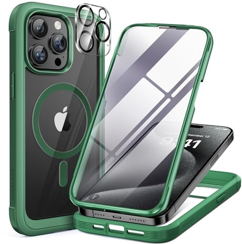 Miracase Magnetic Case for iPhone 15 Pro Max Case 6.7-Inch, Full Body Bumper Case Compatible with Magsafe and Built-in 9H Tempered Glass Screen Protector + Camera Lens Protector (Acacia Green)