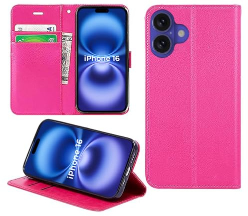 DN-Technology For iPhone 16 Case Flip Wallet [Card Holder] [Magnetic Closure] [Kickstand] PU Leather Shockproof Phone Cover 6.1 inch (PINK)