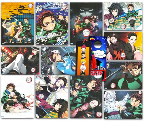 Demon Slayer Posters for Room Decor - 12 Pc Bundle for Kids Teens Adults | 8.5 x 11 Tanjiro & Nezuko Wall Art Posters Set w/ Bookmark, More - Demon Slayer Decorations for Bedroom, Party Decor