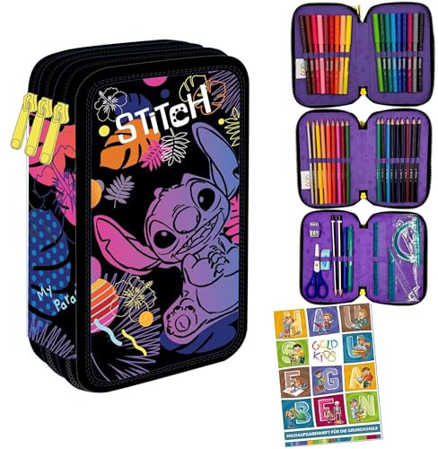 Goldkids - Federmäppchen 3 Fächer - Mäppchen für Mädchen und Jungen - Federmappe 3-Fach Federtasche Gefüllte Schüleretui 46-teilig - Schulmäppchen und Hausaufgabenheft - Stitch Motiv