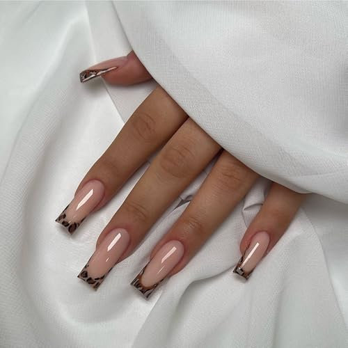 24 Pack Leopard Square Press-On Nails with French Tip - Includes False Nails, Adhesive, Jelly Adhesive, Nail File, Alcohol Swab, and Orange Stick