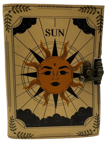 Keskin Grimoire Journal & Notebook - Leather Blank Spell Book for Witchcraft, Witch Grimoire Book of Shadows, Eco-Friendly Recycled Paper, 18 x 12 cm (Sun)