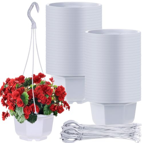 TINSKY 50 macetas colgantes de plástico para plantas al aire libre de 5.2 pulgadas con agujeros de drenaje y ganchos para interiores, exteriores, jardín, balcón (gris blanco)