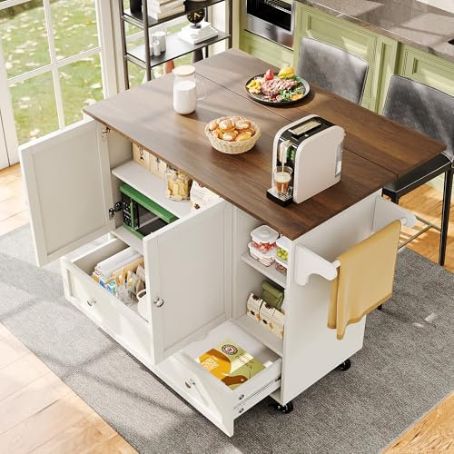 Oslghy Carro de Cocina, Isla de Cocina con Ruedas, Cocina Mueble Auxiliar, Armario de Cocina con Encimera Extensible, Carrito de Servir, Armario Buffet con Especiero, Blanco, 128x40x92.5cm